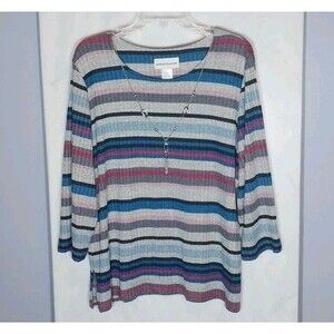 Alfred Dunner Tunic Top XL Striped Stretch Knit 3/4 Sleeve Necklace Detail
